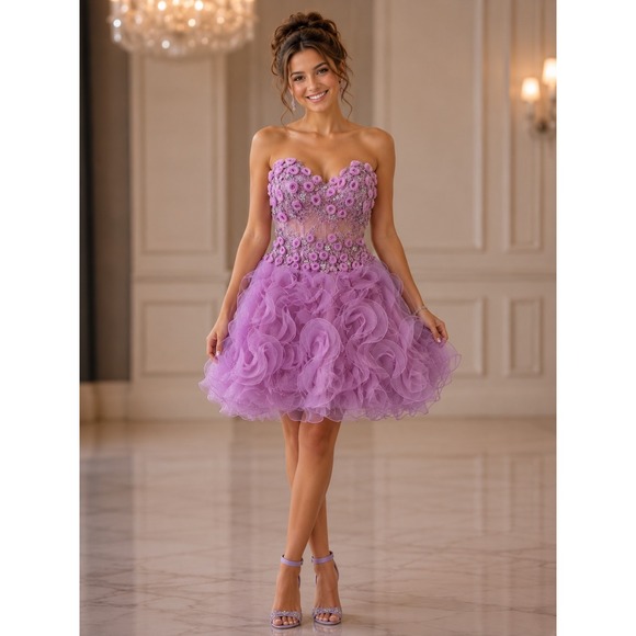 Jovani Dresses & Skirts - Jovani Lavender Beaded 3D Floral Ruffle Cocktail Prom Mini Dress Strapless  6